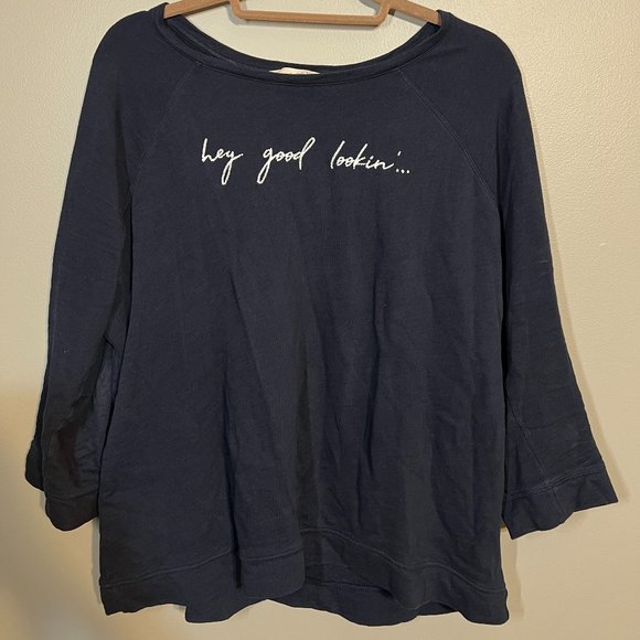 LOFT Dark Blue Scoop Neck 3/4 Sleeve Embroidered Sweatshirt Women L - Picture 6 of 6